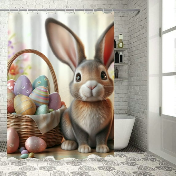 JEUXUS Easter Bunny And Eggs Rabbit Flower Shower Curtain, Multiple Sizes White
