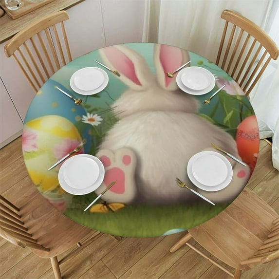JEUXUS Easter Bunny Tail Fitted Tablecloth for Round Table,Spring Egg Tulip Table Cover with Elastic Edge Waterproof Table Cloth,Rabbit Teal Wood Grain Circle Table Covers for Kitchen Indoor