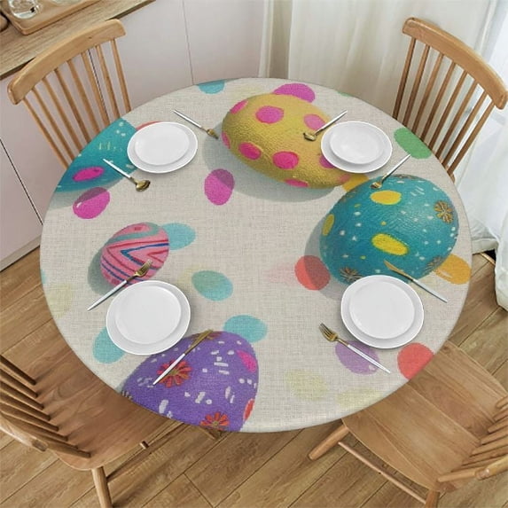 JEUXUS Easter Eggs Fitted Round Tablecloth,Cute Colorful Table Cover with Elastic Edge,Waterproof Oilproof Table Cloths for Kitchen Dining Indoor Outdoor Tea Tables White