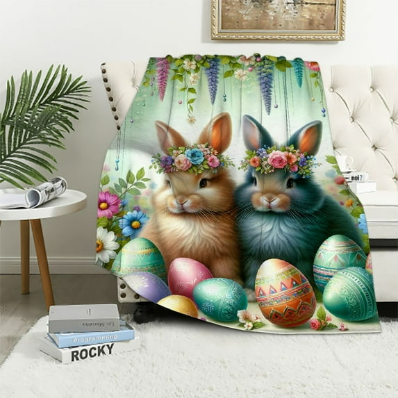 JEUXUS Easter Gnome And Bunny Colorful Easter EggEaster Spring Colorful Flower Easter Egg Butterfly Rabbit Flannel Throw Blanket White