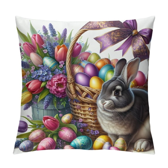 JEUXUS Easter Pillow Covers, Spring Pillow Covers, Happy Easter Eggs Tree Bunny Rabbit Flower Decorative Throw Pillow Cushion Case Square for Sofa Couch Bed Office Car Home Decor
