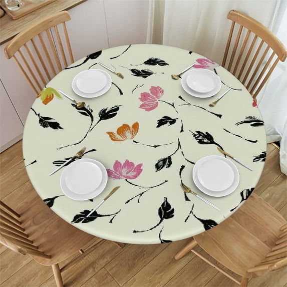 JEUXUS Easter Tablecloth Round Easter Egg Rabbit Table Cloth Washable Spring Flowers Table Cover for Kitchen Dining Holiday Party Picnic Indoor Outdoor Home Decor White