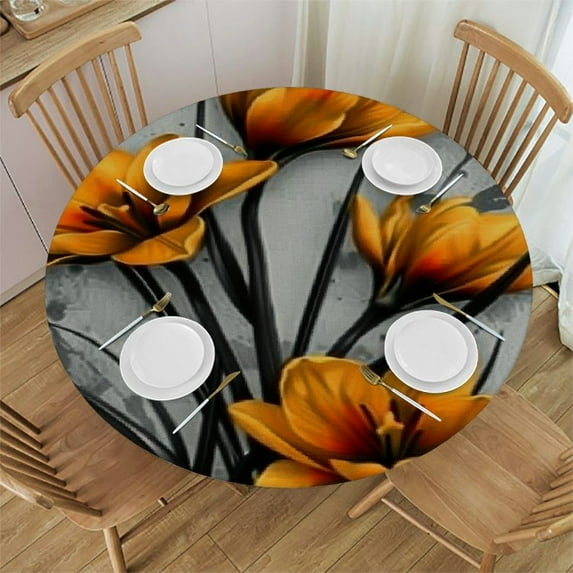JEUXUS Elegant Orange Flower Poppy Rose Tulip Floral Outdoor Fitted Round Tablecloth White