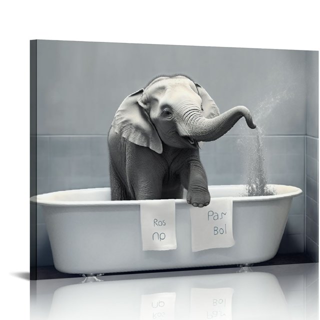 JEUXUS Elephant Bathroom Decor Wall Art, Funny Canvas Prints of Mother
