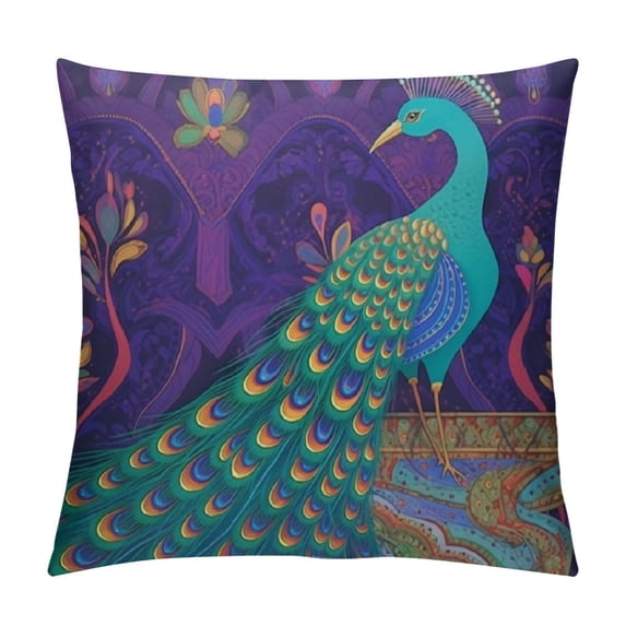 JEUXUS Ethnic Throw Pillow Cushion Cover, Peacock Bird with Oriental Feather Before Image, Decorative Square Accent Pillow Case, Purple Green