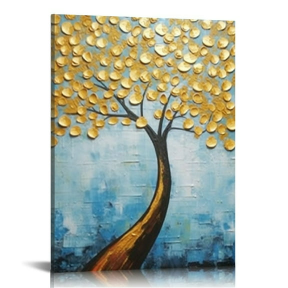 JEUXUS Extra Large Wall Art 100% Hand-Painted Oil Painting on Canvas 3D Colorful Tree Artwork Palette Knife Impasto Texture  Abstract Golden Paintings for Living Room Bedroom Office Décor 16x20in