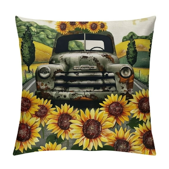 RUIYC Fall Country Roads Decorative Farmhouse Throw Pillow Cover, Spring Summer Autumn Watercolor Sunflower Truck Cushion Case, Flower Home Decoration Pillowcase Decor