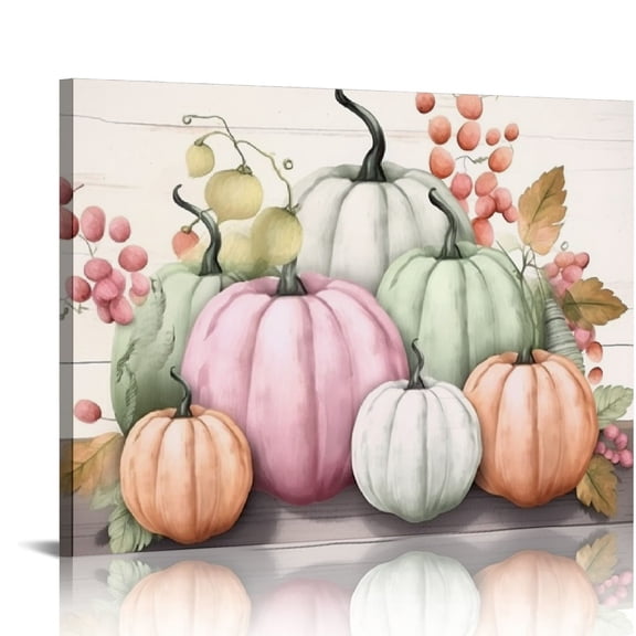 JEUXUS Fall Pumpkin Wall Art Autumn Pink Fruit Sage Green Leaf Canvas Wall Art for Bathroom Western Farmhouse Painting Wood Framed Prints Wall Decor for Living Room Bedroom Dorm, 16x12in