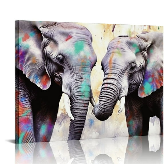 JEUXUS Family Art Painting, Love Elephant Paintings for Wall 3D Printed On Canvas Large Colorful Artwork Framed Hanging Wall Decoration Abstract Wall Art for Living Room Large Size 20x16 inch