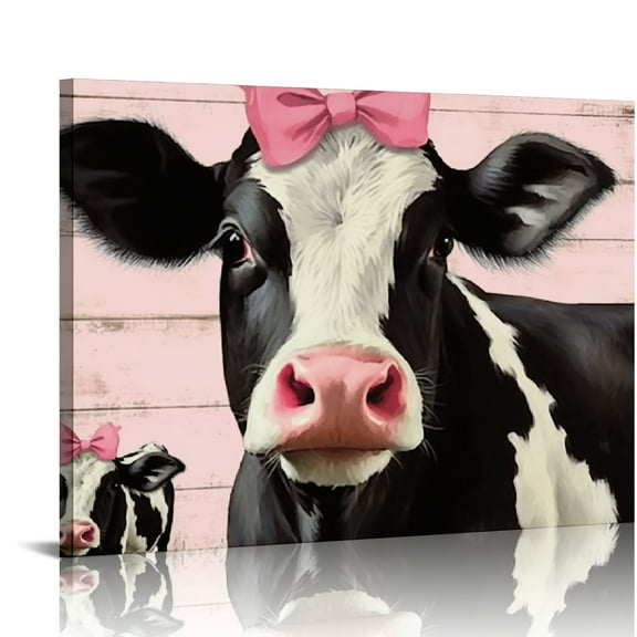JEUXUS Farm Animal Canvas Wall Art Farmhouse Wall Décor Poster Print Cow Rabbit Pig Pink Floral Vintage Animal Pictures Painting Home Decor for Living Room Bedroom Bathroom Kitchen 16"x20"