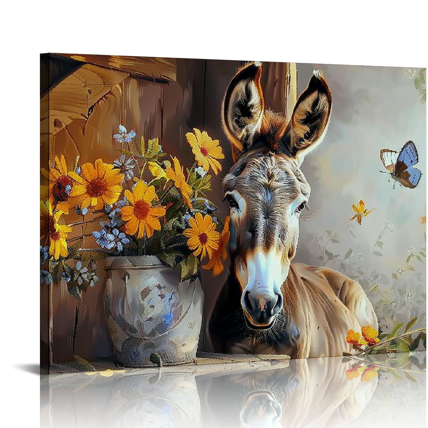 JEUXUS Farm Animal Canvas Wall Art Funny Donkey and Watercolor Wildflower with Butterfly Wall