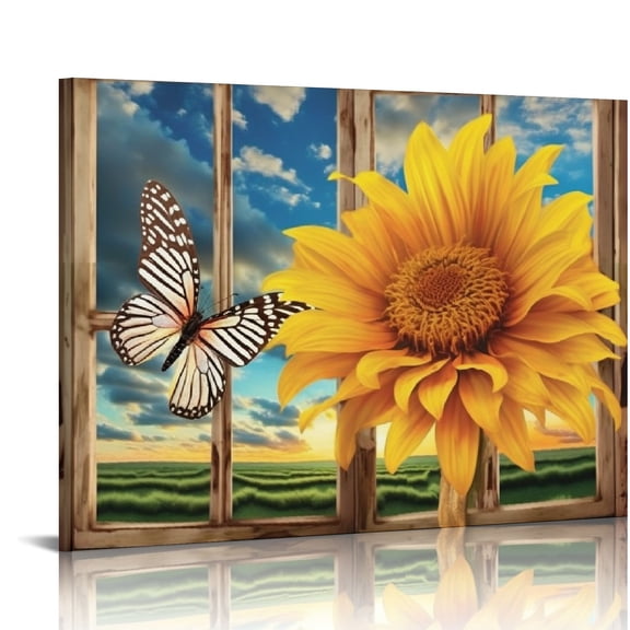 JEUXUS Farmhouse Bathroom Wall Art Sunflower Butterfly Canvas Pictures Wall Decor Rustic Christian God Painting Window View Country Framed Artwork for Bedroom Kitchen Living Room Bathroom