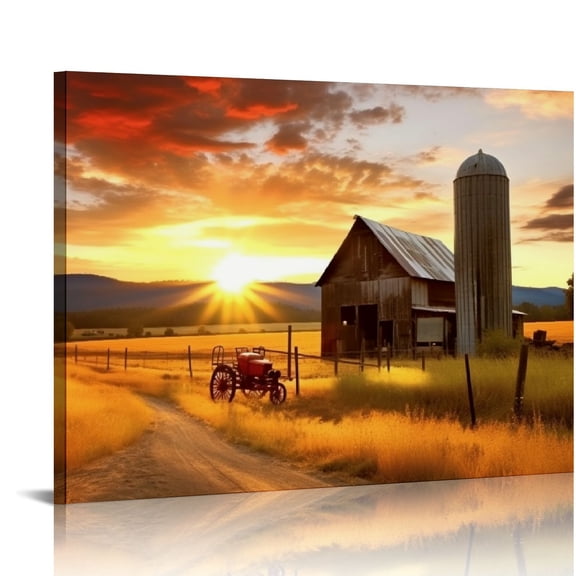JEUXUS Farmhouse Canvas Wall Art Picture: Framed Large Farm Artwork Barn View Field Scenes Sunset Landscape Village Painting Prints for Living Room Dining Room Wall Decoration 20x16 inch