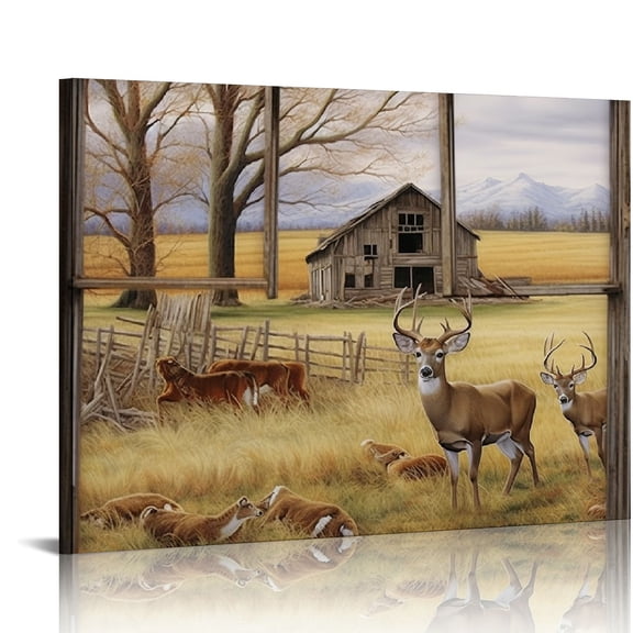 JEUXUS Farmhouse Deer Canvas Wall Art Country Wildlife Elk Rustic Old Barn Truck Wall Decor Vintage Deer Painting Picture Prints Framed Modern Artwork for Home Living Room Bedroom Bathroom 20x16in