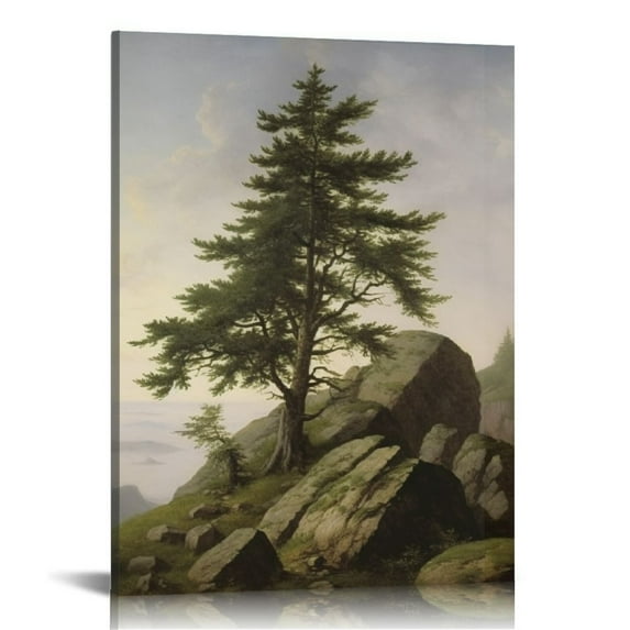 JEUXUS Farmhouse Landscape Forest Pictures Bedroom - Art Deco Wall Art for Kitchen - Art Prints- Rustic Vintage Decor for Living Room - Antique French Poster - Green Forest Pine Tree Mountain Moody