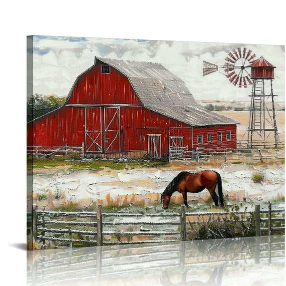 JEUXUS Farmhouse Red Old Barn Wall Art Country Windmill Landscape Kitchen Wall Decor Rustic Highland Cow Canvas Picture Bedroom Artwork Vintage Nature Scenery Painting Living Room Home Decoration