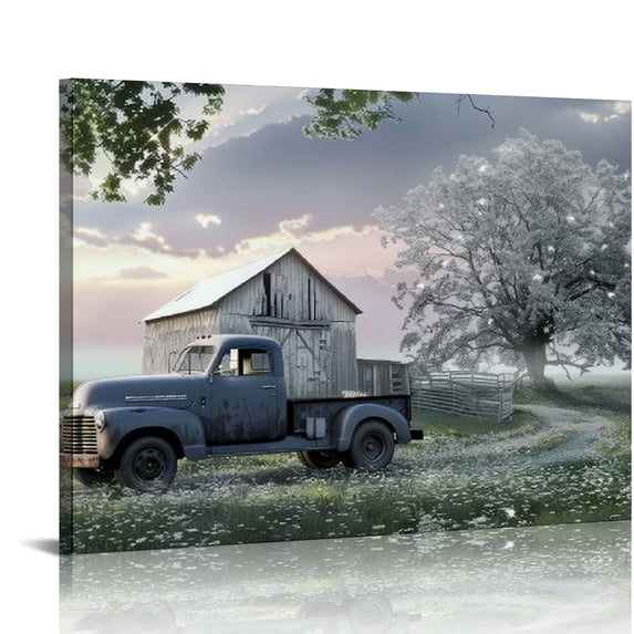 JEUXUS Farmhouse Truck Flowers Canvas Wall Art - Barn Old Car and Flowers Pictures Wall Decor Canvas Prints for Walls, Framed Artwork for Living Room Bedroom Ready to Hang 16x12in