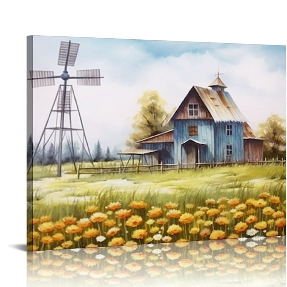 JEUXUS Farmhouse Wall Art Teal Old Barn Windmill and Flowers Picture Canvas Prints Modern Artwork Rustic Country Farm Decor Framed
