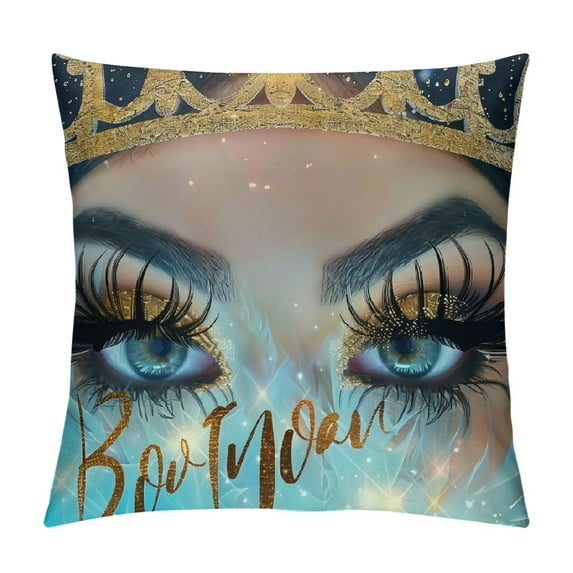RUIYC Feminine Pillow Covers for Kids Adults Crown Glitter Long Eyelash Square Soft Throw Pillow Covers for Couch,Blue Watercolor Marbling Decorative Cushion Covers