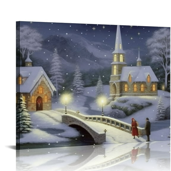 JEUXUS Fiber Optic Snow Covered Church Christmas Wall Art 20x16in