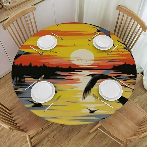 JEUXUS Fitable Fitted Round Table Cover with Elastic Elastic Edge, Waterproof and wipeable Birds in The Air Art
