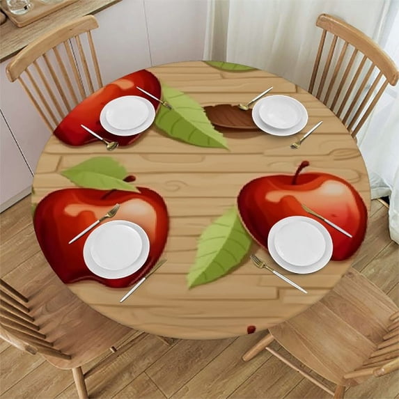 JEUXUS Fitted Tablecloth Apple Elastic Edge Stain Resistant Washable Polyester Summer Tablecloth Fruit Round Outdoor Tablecloth