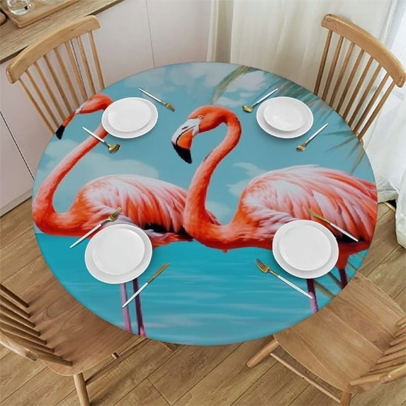 JEUXUS Fitted Tablecloth Round with Elastic Edge Tropical Flamingo Vintage Table Cloth Table Cover Waterproof Spill Proof for Dining Kitchen Picnic Patio Party Table Decor Outdoor Indoor