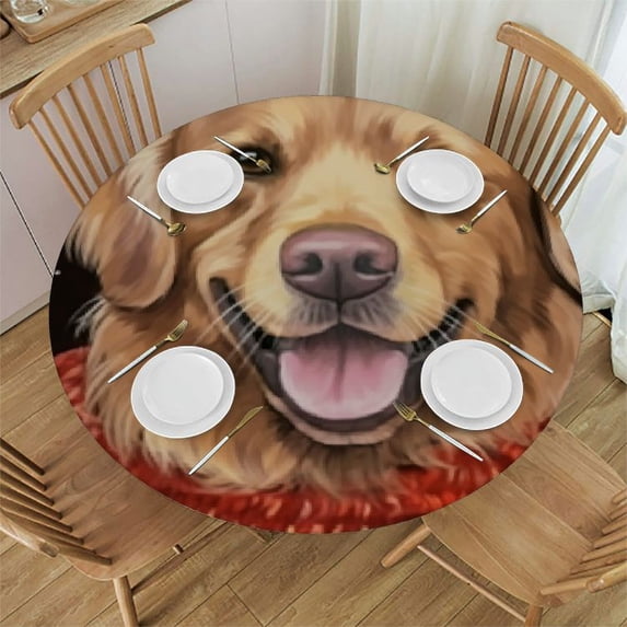 RUIYC Fitted Tablecloth for Round Table,Christmas Golden Retriever Dog Wreath Bowknot Table Cover with Elastic Edge Waterproof Table Cloth,Retro Red White Circle Table Covers for Kitchen
