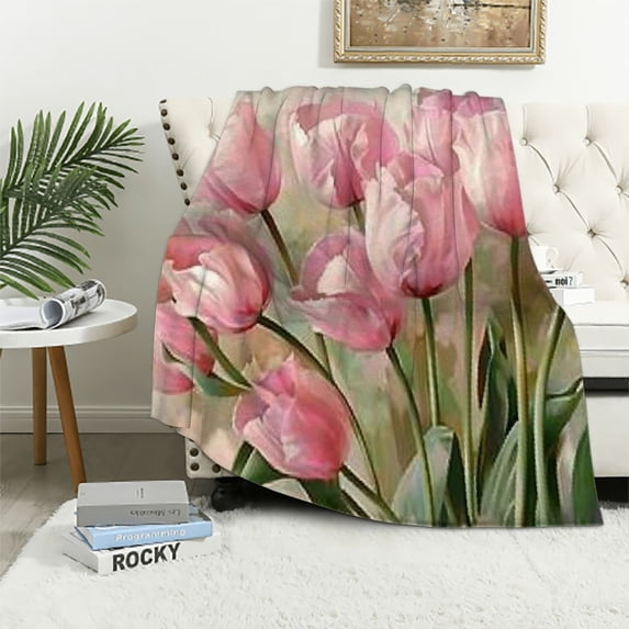 JEUXUS Flannel Blanket Exquisite Gifts Pink Tulip Flowers Landscape Pictures White