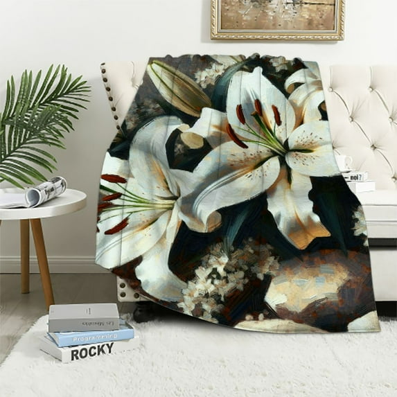 JEUXUS Flannel Blanket Throw Blanket (Universal 1) - Retro White Lily Floral Flower Paintings Gray White Brown Plant Picture White