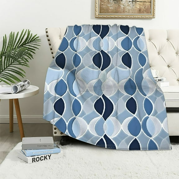 JEUXUS Flannel Blanket Throw, Mid-Century Modern Geometric Navy Blue Gray Pattern Ultra Soft Warm Fluffy Plush Throw Blanket for Bed Couch Camping Decorative Throw