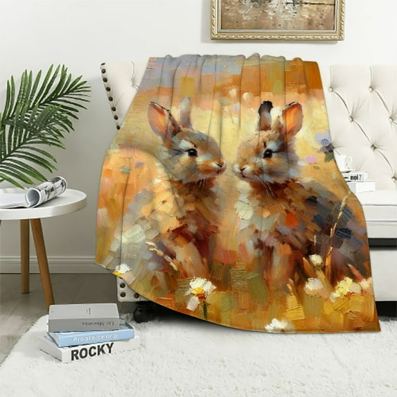 JEUXUS Flannel Blanket (Universal 1) - Abstract Rabbit Animal Spring Painting, Cute Bunny, Flannel Material, Multiple Sizes White
