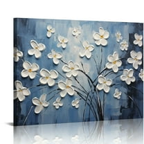 JEUXUS Floral Canvas Wall Art Hand Painted Blue and White Heavy Textured Painting Modern Abstract Flower Pictures Contemporary Artwork for Living Room Bedroom Office Decoration
