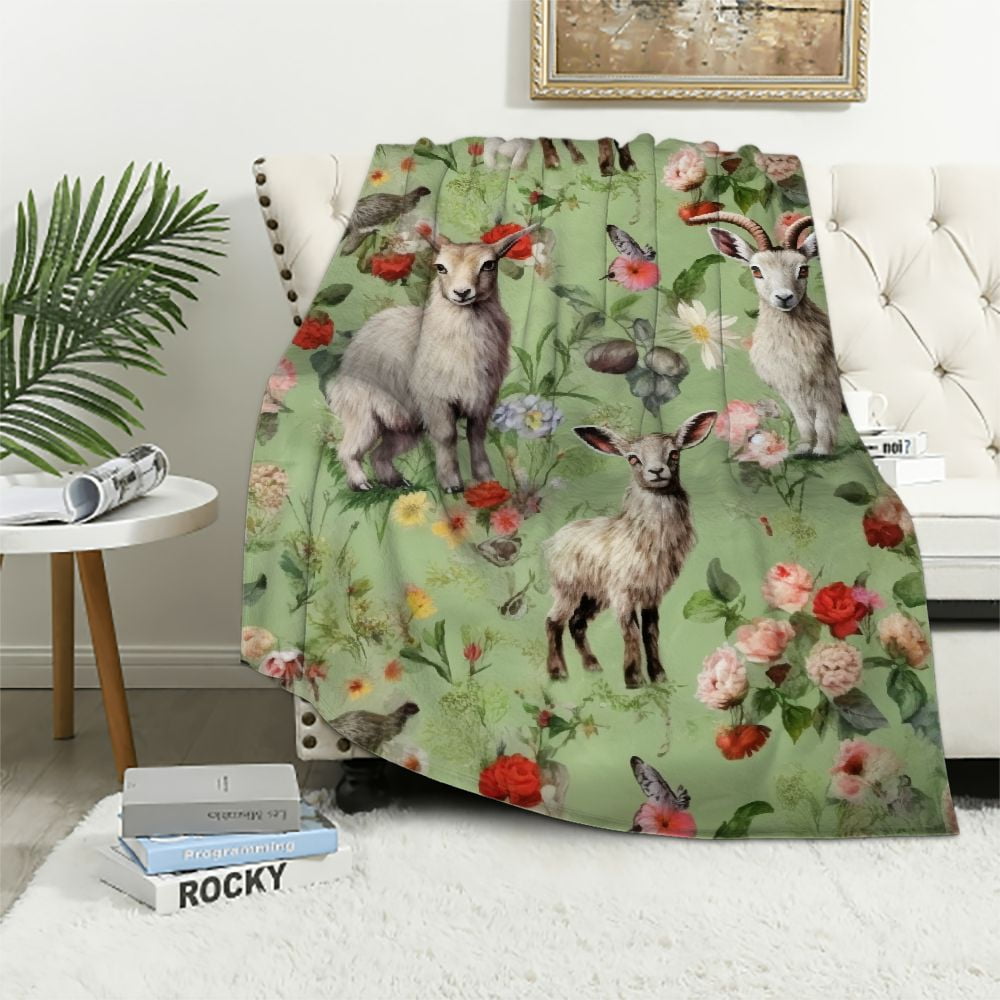 JEUXUS Floral Goats Blanket Gifts for Boys Girls, Farm Animals Throw