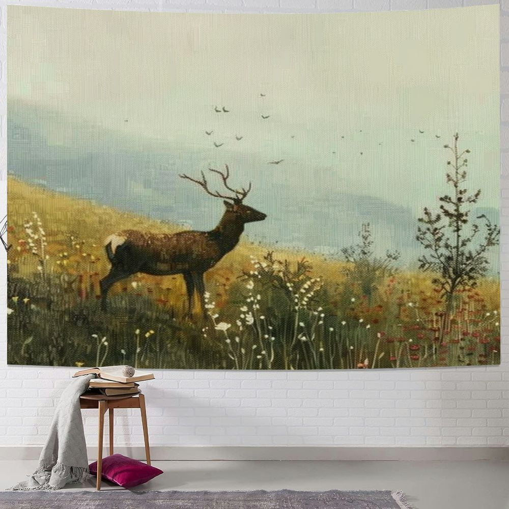 JEUXUS Floral, Mountains Flower Deer Aesthetic Tapestry Painting ...