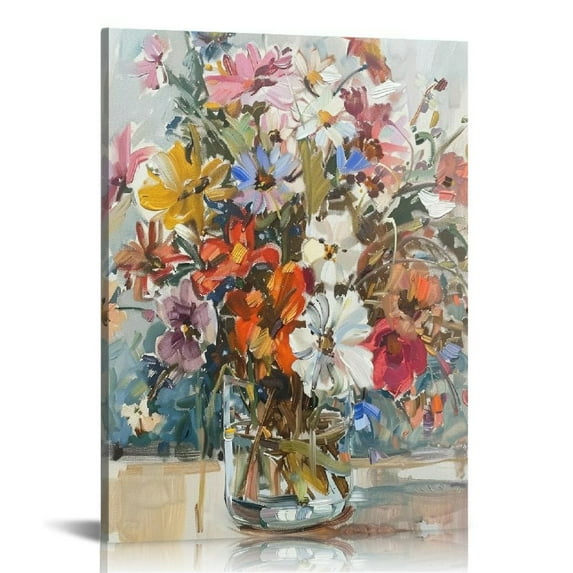 JEUXUS Floral Wall Art Decor Daisy Canvas Wall Art Painting Prints Modern Bathroom Flowers Painting Pictures Artwork for Living Room Bedroom Kitchen, Blue Yellow Pink Home Decor