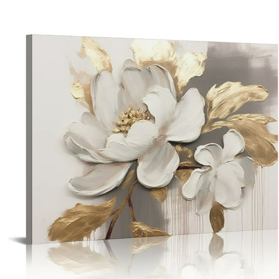 JEUXUS Floral Wall Art Gold Pictures of White Flower Canvas with Gold Foil Embellishment Paintings Textured Print Framed Artwork for Living Room Bedroom Office Home Decorations 20x16in