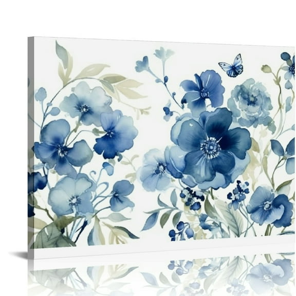JEUXUS Flower Canvas Wall Art Blue Floral Canvas Painting Pictures for Gallery Wall Decor Butterfly Flies in Indigo Flowers Canvas Prints Artwork for Living Room Bedroom Home Wall Decorations 16 X 12