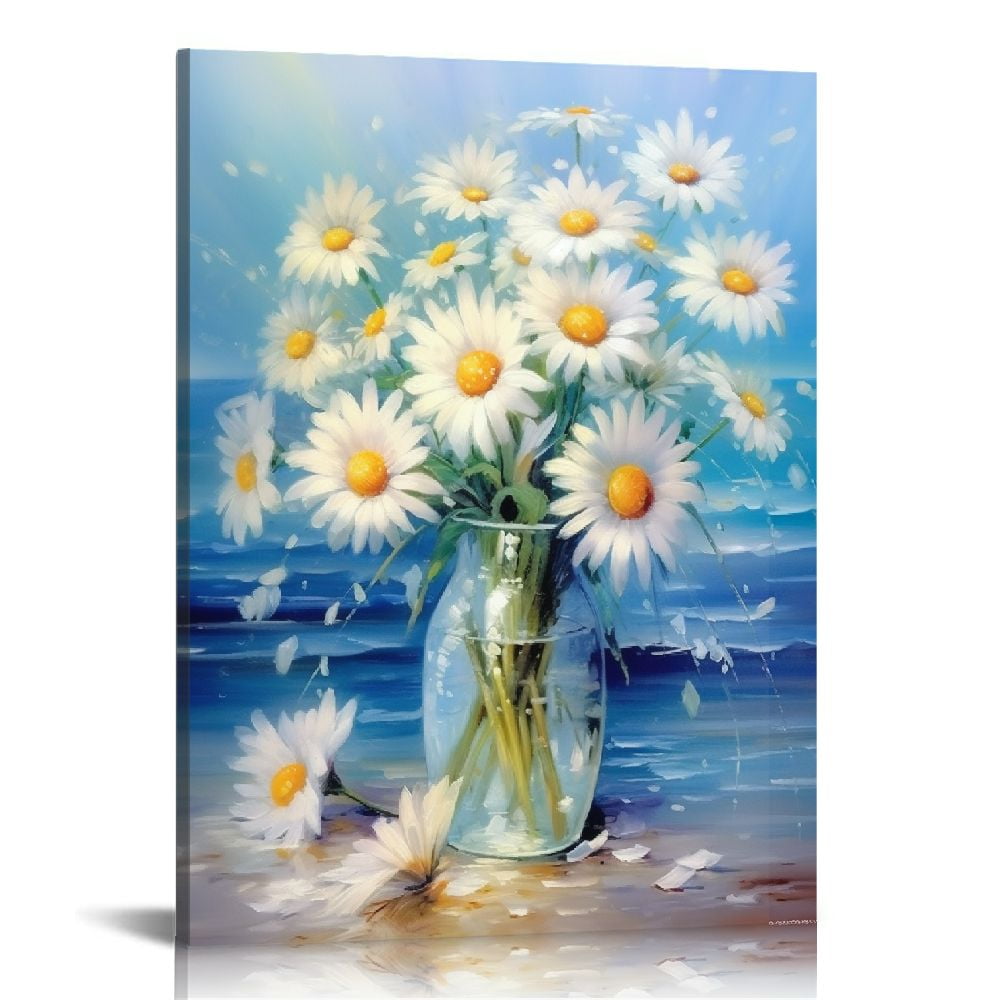 JEUXUS Flower Canvas Wall Art White Floral Picture Blue Flowers in Vase ...
