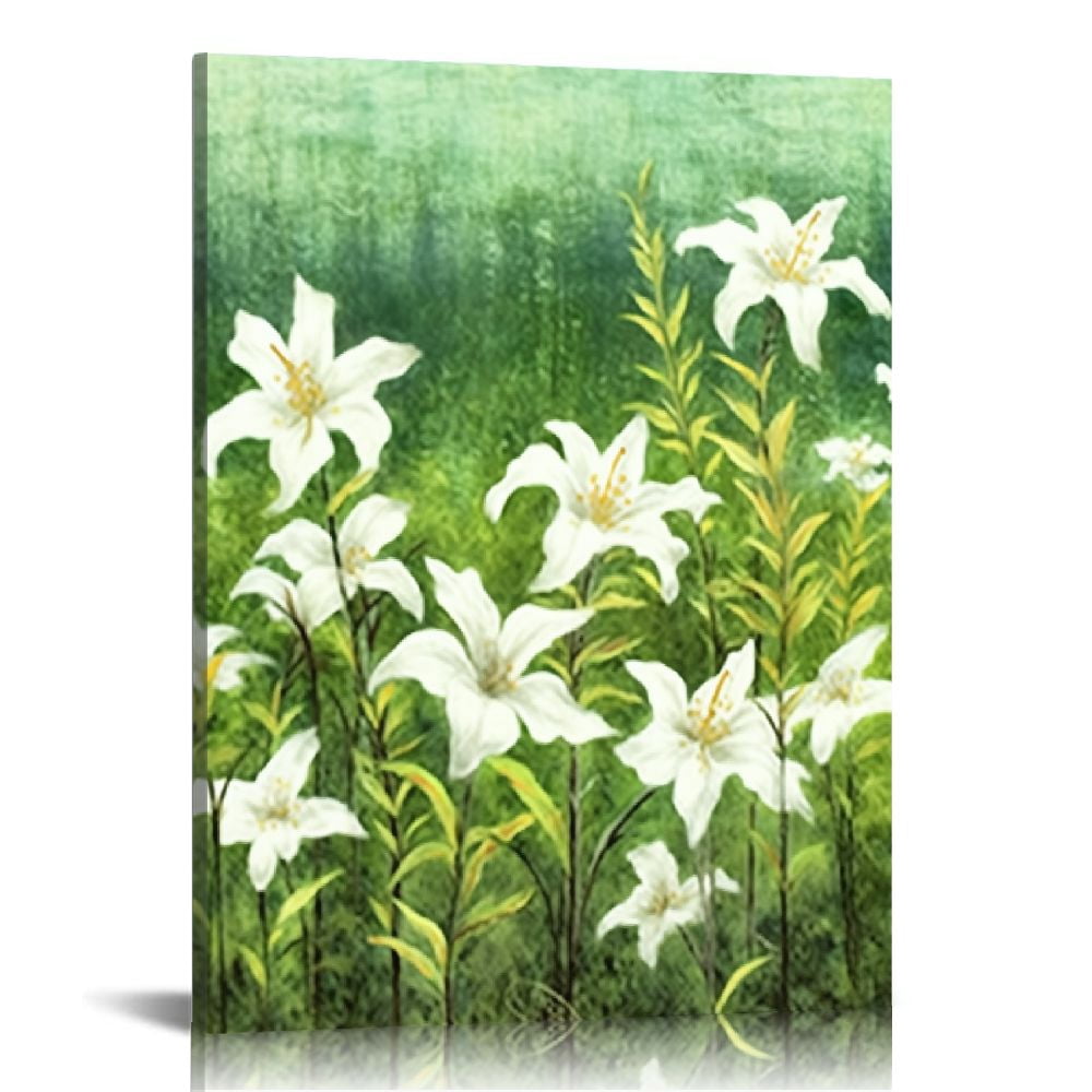 JEUXUS Flower Canvas Wall Art White Lily Floral on Green Picture ...