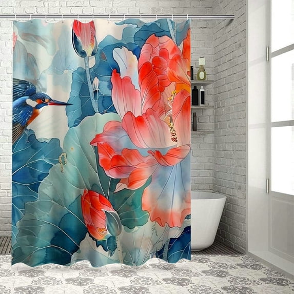 JEUXUS Flower Chinese Style Artistic Beautiful Wash And Ink Bird Plant Green Red Home Bathtubs Bathroom Curtain Decoration White