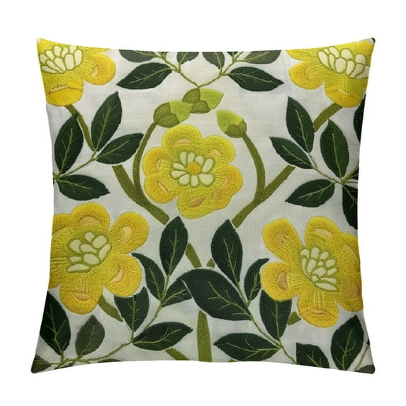 JEUXUS  Flower Farmhouse Decorative Throw Pillow Cover, Cottage Floral Green Leaves Pattern, Canvas Cushion Case for Sofa Couch Bed Living Room(Yellow Flowers)