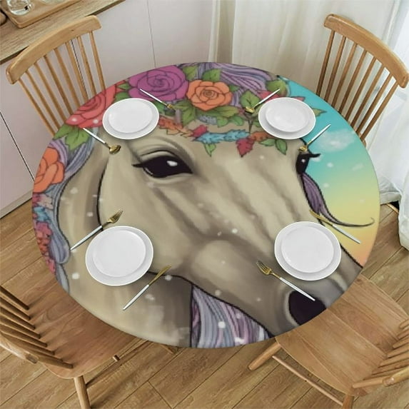 JEUXUS Flower Horse Rainbow Galaxy Round Fitted Tablecloth Elastic Edge Waterproof Oil-Proof Table Cover Stain-Resistant Table Cloth Fits Round Tables