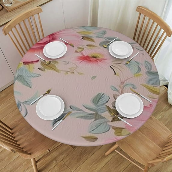 JEUXUS Flower Tablecloth, Pink Floral Table Cloth for Round Tables,Waterproof Resistant Durable Rose Table Cover for Valentines,Parties,Wedding Use Spring/Summer (Round)