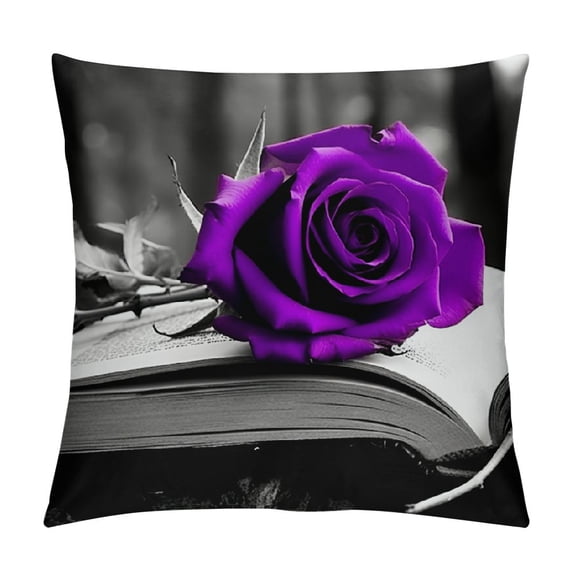 JEUXUS Flower Throw Pillow Covers Purple Rose Couch Bed Decorative Pillow Covers Dark Purple Grey Black Floral Square Pillow Cases Purple Farmhouse Pillow Cover (Purple Black)