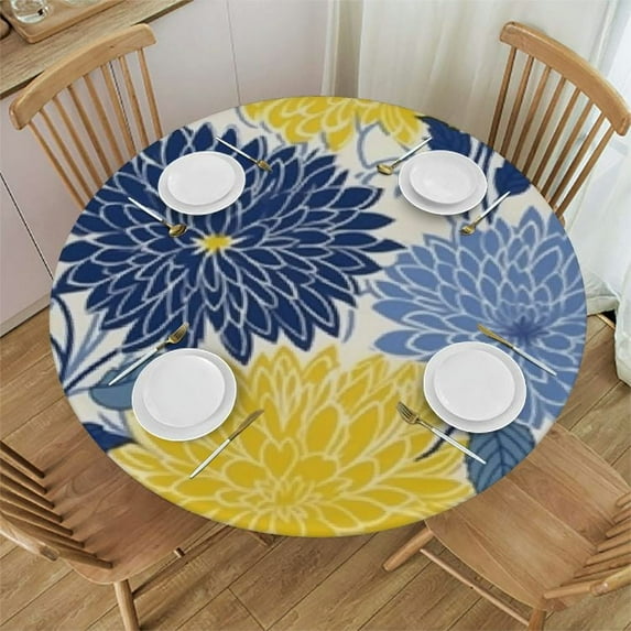 JEUXUS  Flowers Round Table Cloths Decor, Floral Blue Yellow Washable Table Cover Tablecloth for Outdoor Dining Banquet