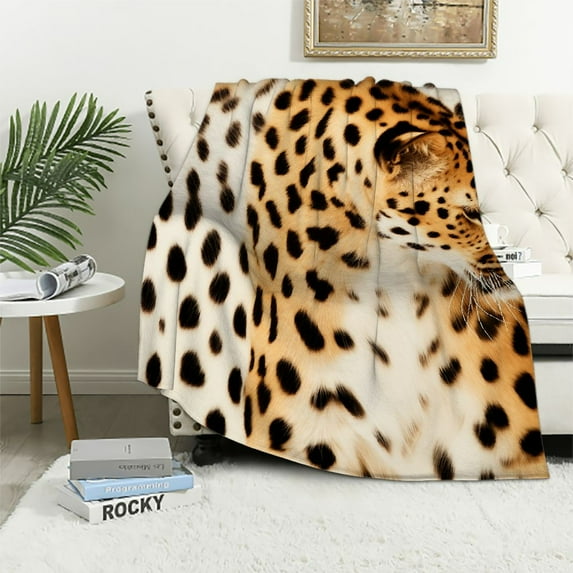 JEUXUS Fluffy Leopard Throw Blanket Super Soft Knitted Blanket" Cozy Warm Blanket Chunky Knit Blanket Fluffy Blankets for Couch Sofa Bed Office, Leopard Cream