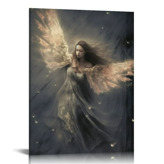 JEUXUS Flying Angel Drawing Angel Wings White Feathers Surreal Poster Canvas Painting Posters and Prints Wall Art Pictures for Living Room Bedroom Decor