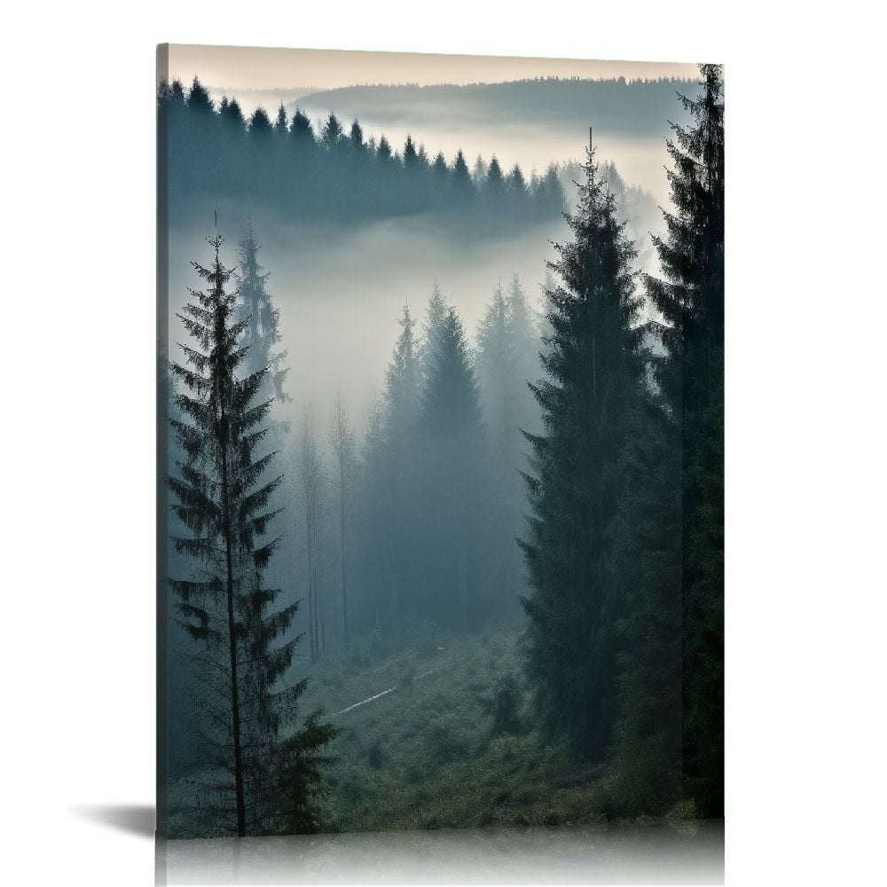 JEUXUS Foggy Forest Wall Art Misty Pine Trees Canvas Prints Mountain ...