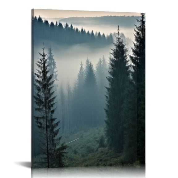 JEUXUS Foggy Forest Wall Art Misty Pine Trees Canvas Prints Mountain Nature Landscape Pictures Nordic Style Wall Decor Wilderness Scenery Paintings Artwork Bedroom Home Decoration 16x20 inch